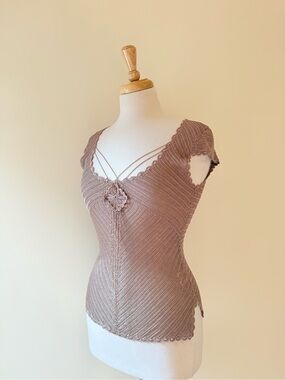 Vintage Bebe Y2K Crochet Flower Beaded Fringe Top
